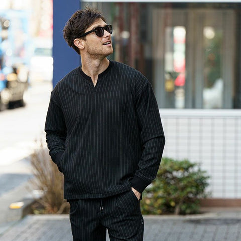 【wjk ダブルジェイケー】 irregular V-neck pull-over BLACK stripe