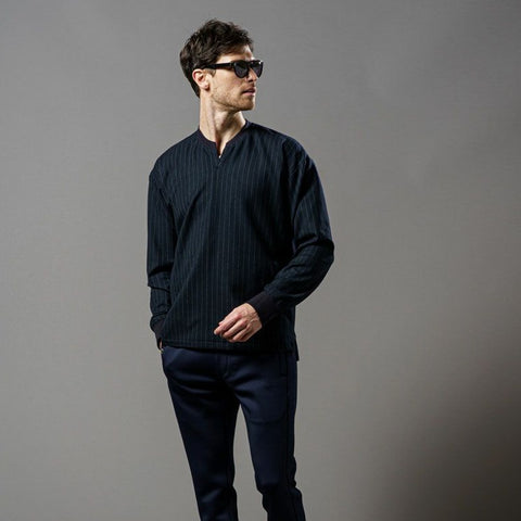 【wjk ダブルジェイケー】 irregular V-neck pull-over NAVY stripe